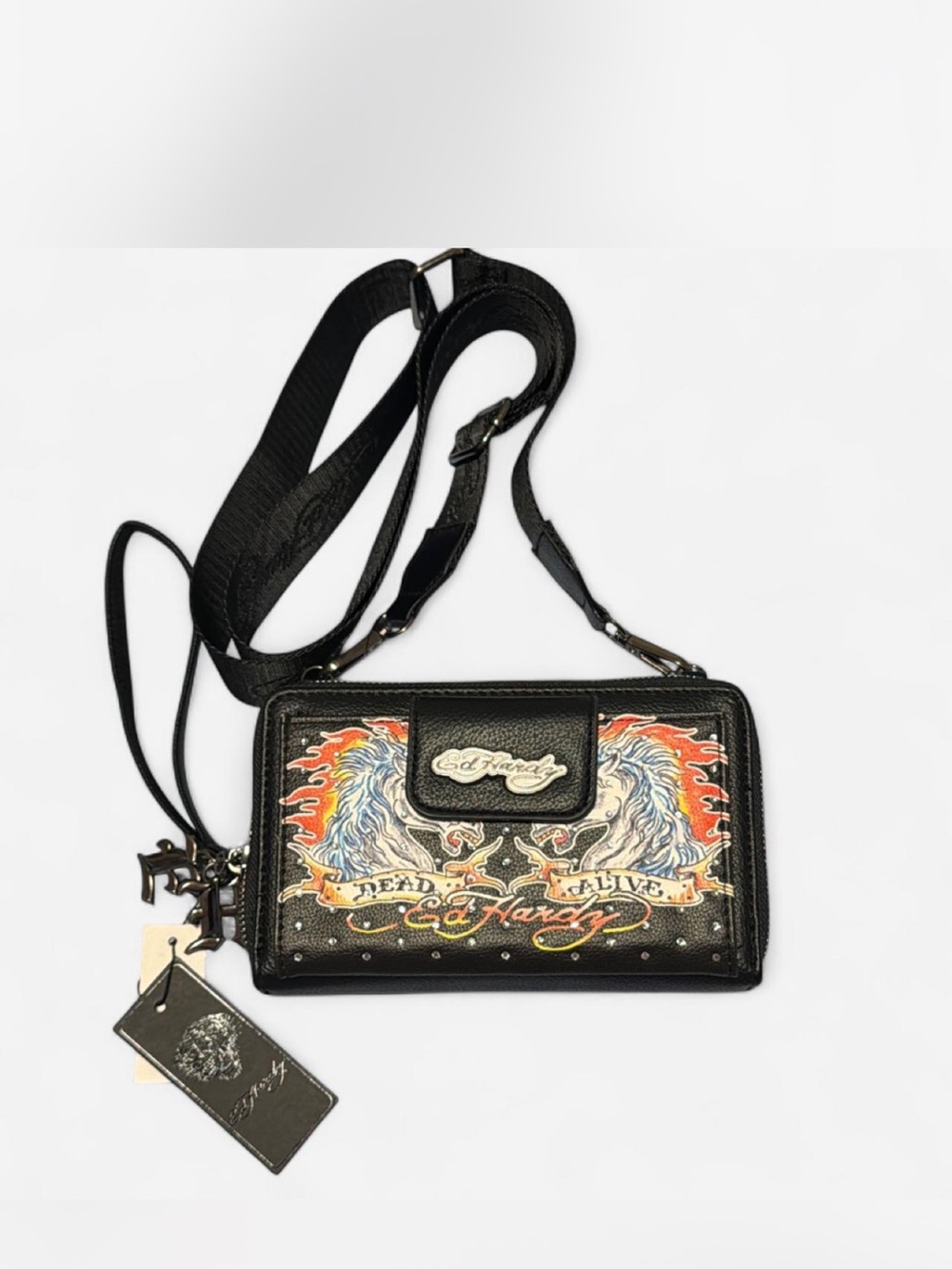 Ed Hardy Black Crossbody Wallet with Colorful Flame and Horse Graphic